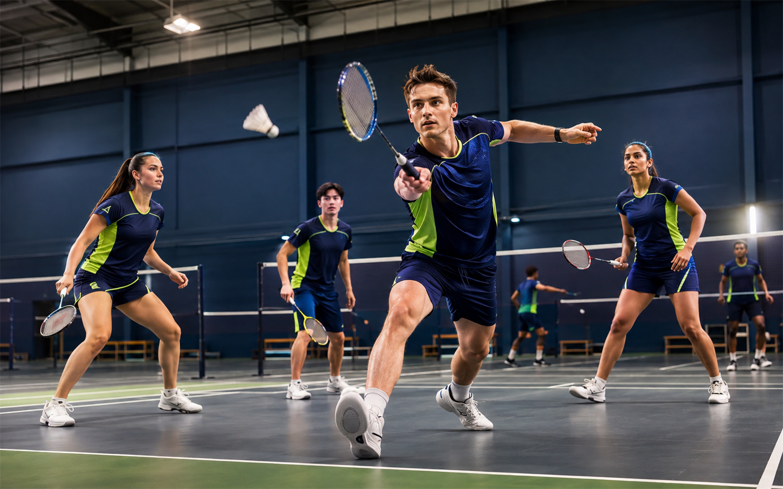 Badminton academy players wearing coordinated navy and lime performance kit