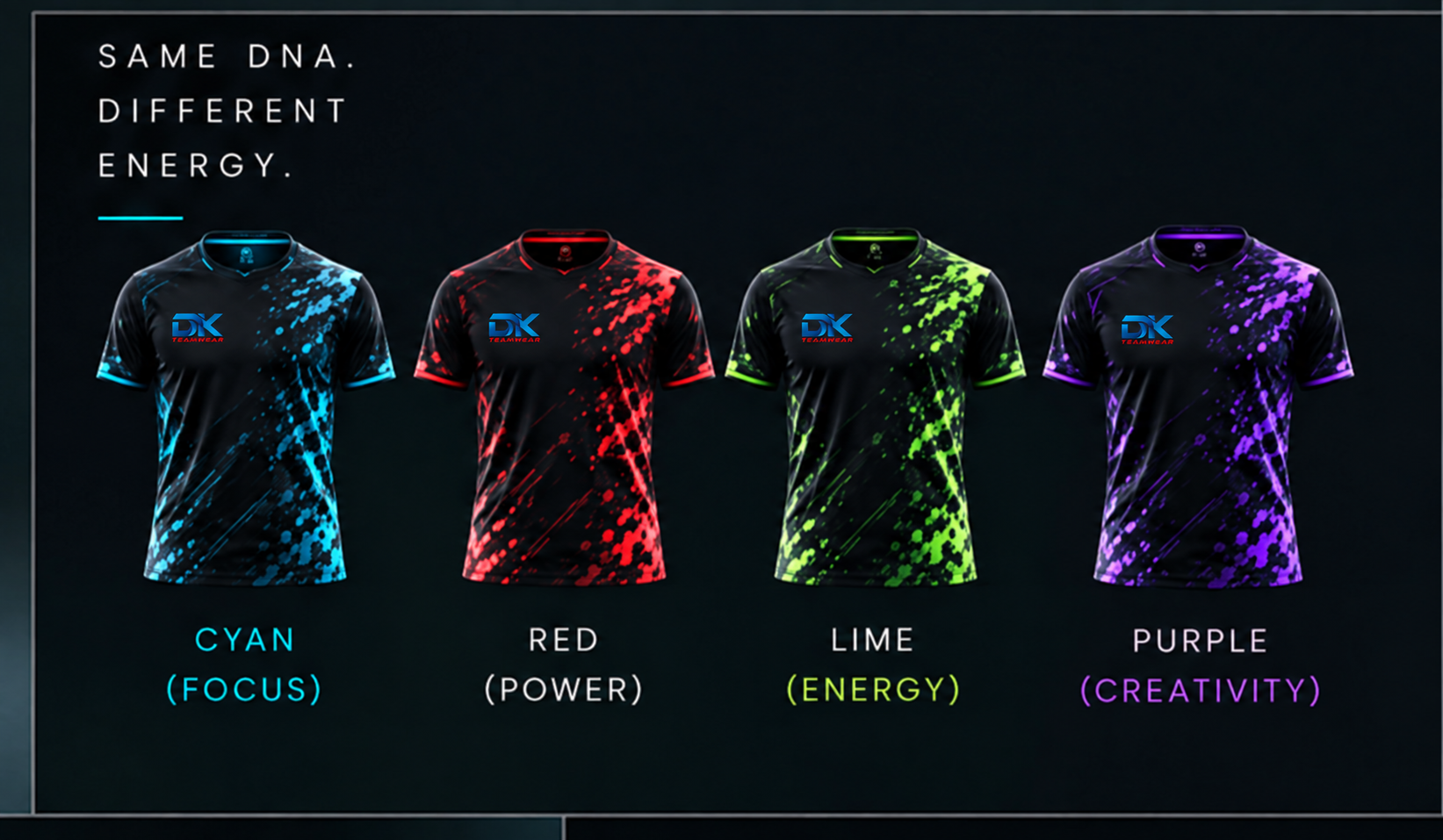 Bespoke black shirt concepts with cyan, red, lime and purple patterns and DKteamwear branding
