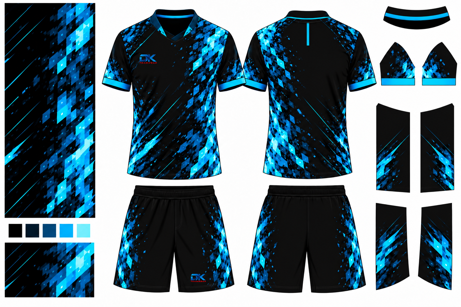 DKteamwear bespoke cyan shirt and matching shorts, front and back, with coordinated pattern panels and collar details